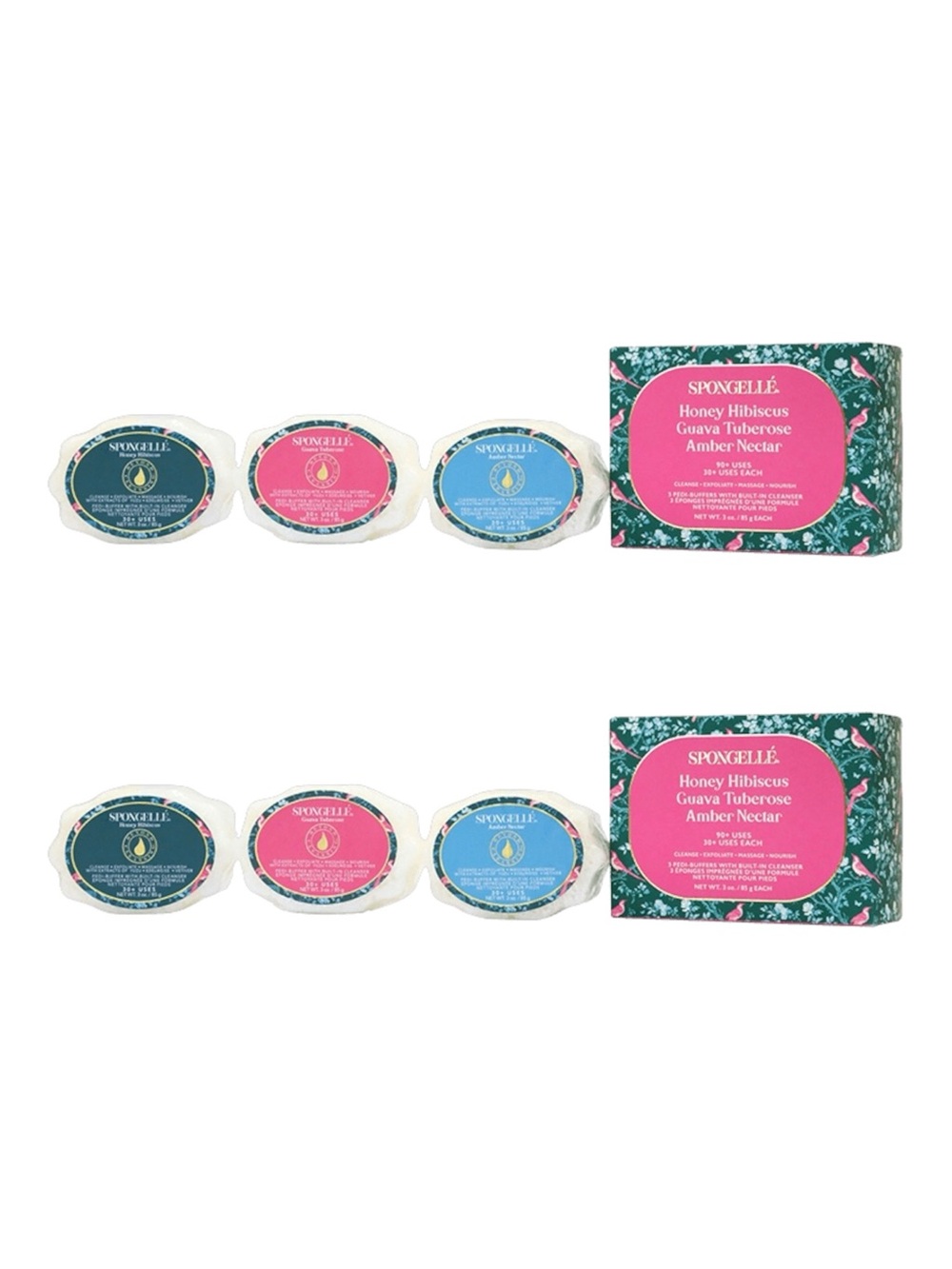 2x Spongelle Trio pedi buffers with built in cleanser 3oz Honey Guava Nectar